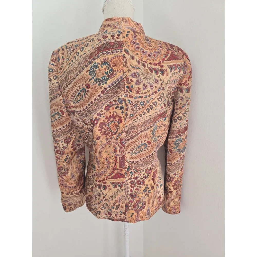 Adrianna Papell Silk Brown Floral Paisley Button Boho Vintage Jacket Blouse 10 M - Picture 7 of 12